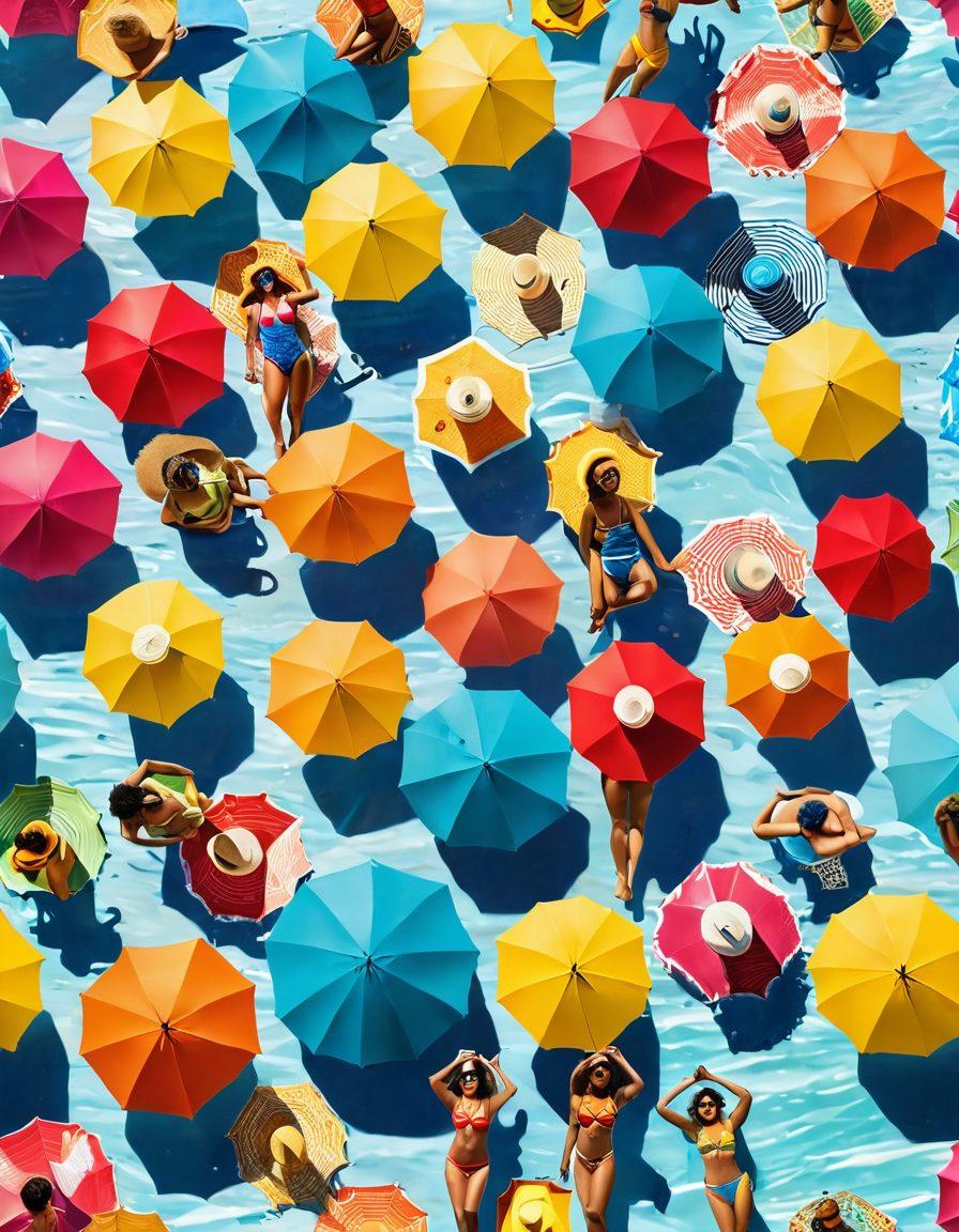 A confident person of diverse body types enjoying the beach in stylish bikinis, radiating positivity and joy. The scene features colorful beach umbrellas, a bright sun, and splashes of ocean waves, showcasing a vibrant and inclusive atmosphere. The foreground includes sun hats and sunglasses, emphasizing a playful summer vibe. vibrant colors. super-realistic. beach setting.