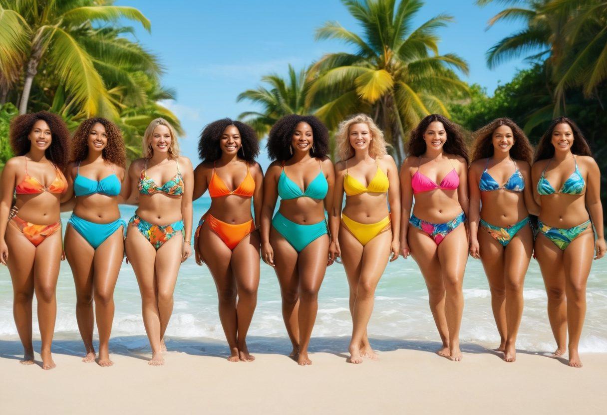 A diverse group of confident women of various body types joyfully modeling colorful bikinis on a sun-kissed beach, surrounded by vibrant tropical plants and crystal-clear waves. Highlight the essence of body positivity with smiles and a relaxed atmosphere, showcasing both fashion trends and self-love. The scene should radiate warmth and positivity. super-realistic. vibrant colors. sunny beach setting.