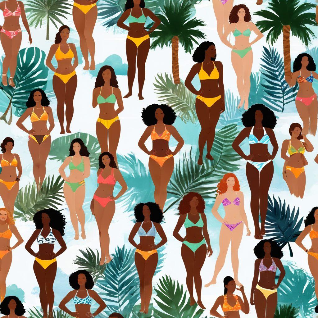 A captivating collage featuring diverse women of various body types confidently wearing vibrant and stylish bikinis on a sunny beach, symbolizing empowerment and self-love. Include elements of nature like palm trees and waves to evoke a sense of wellness and freedom. Incorporate soft pastel hues for a refreshing vibe. artistic illustration. vibrant colors. summery atmosphere.